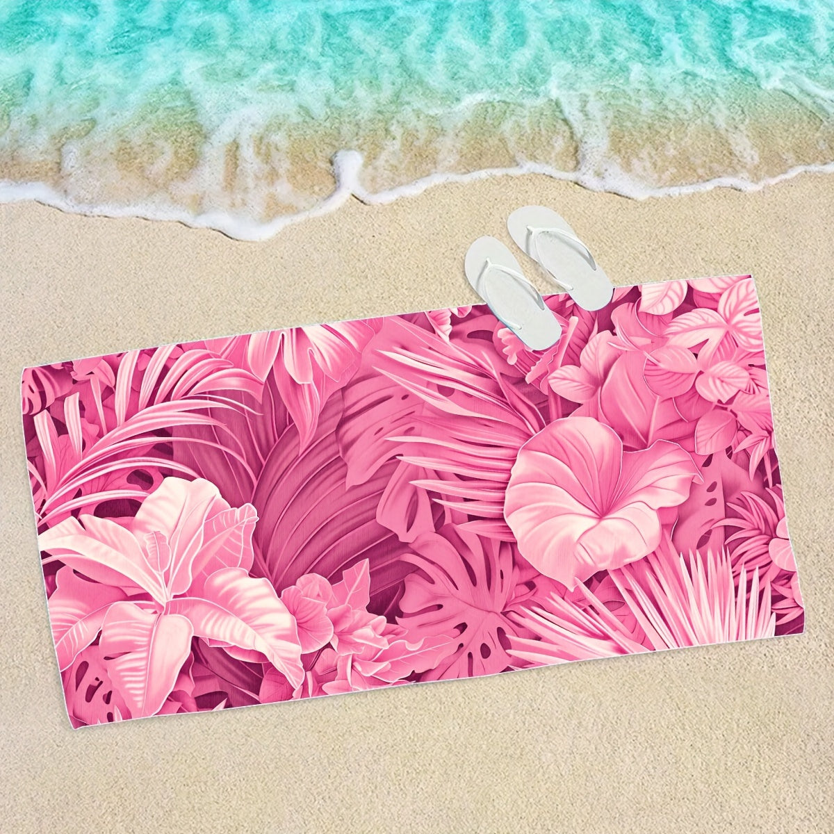 Tropical plants in pink on bath beach towel