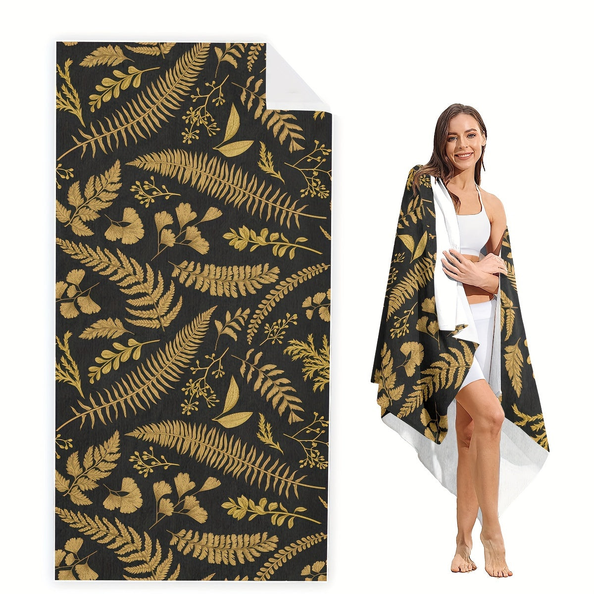 Gold rainforest on black background bath beach towel