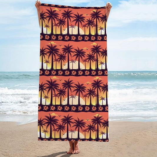 Sunset with Palm trees and hibiscus beach bath towel